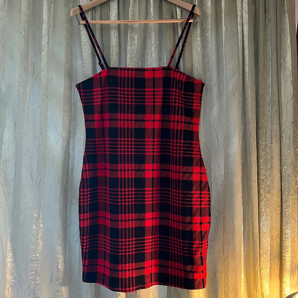SOLD SHEIN Red & Black Plaid Stretchy Body Con Dress